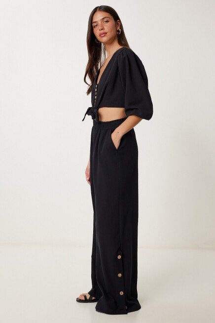 Keten Crop Bluz Pantolon Takım SİYAH LRV0107