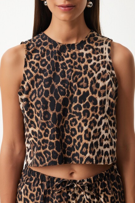 Leopar Desenli Fiyonklu Bluz Pantolon Takım SİYAH BEJ LUL0003