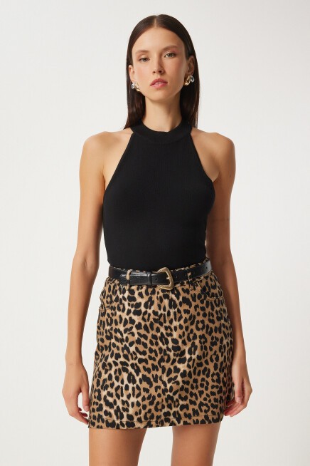 Leopar Desenli Mini Denim Etek SİYAH BEJ LUL0007