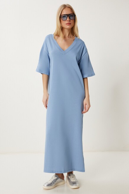 Oversize Basic Yazlık Esnek Örme Elbise MAVİ LUB0113