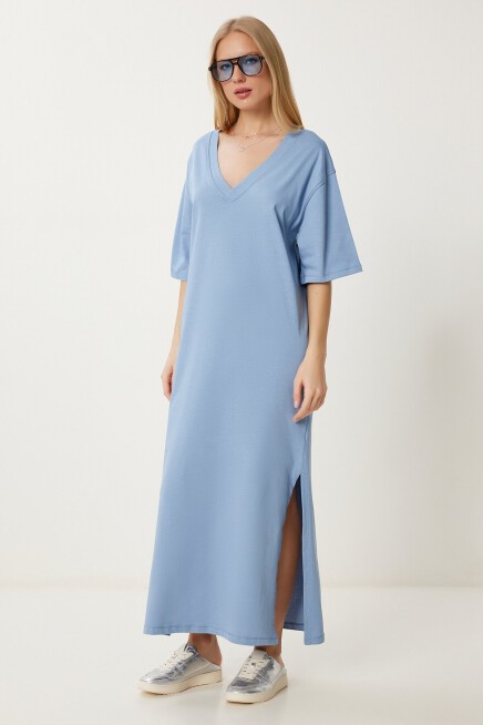 Oversize Basic Yazlık Esnek Örme Elbise MAVİ LUB0113
