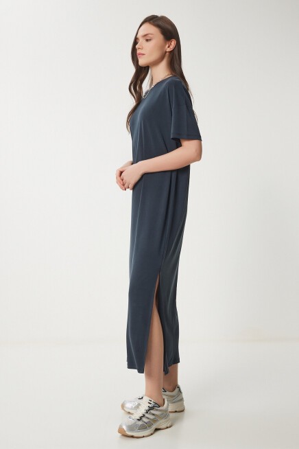 Oversize Basic Yazlık Örme Elbise ANTRASİT LUB0082