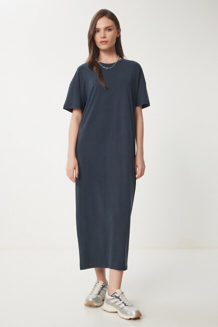 Oversize Basic Yazlık Örme Elbise ANTRASİT LUB0082