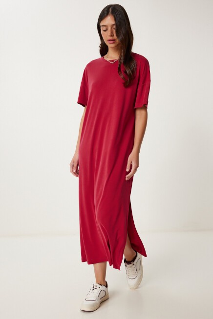 Oversize Basic Yazlık Örme Elbise BORDO LUB0082