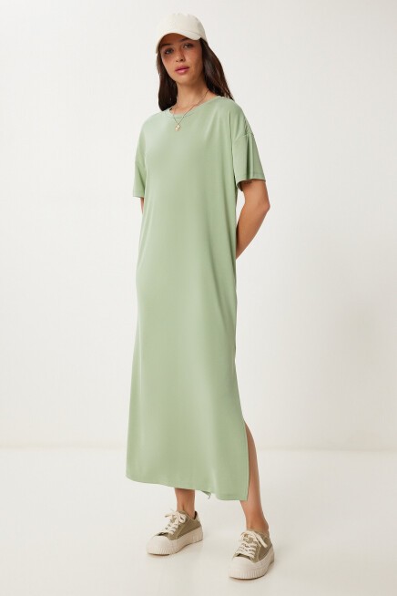 Oversize Basic Yazlık Örme Elbise ÇAĞLA YEŞİLİ LUB0082
