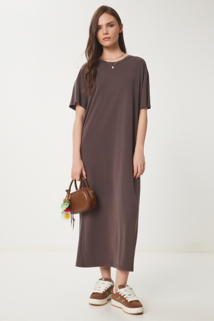 Oversize Basic Yazlık Örme Elbise KAHVERENGİ LUB0082