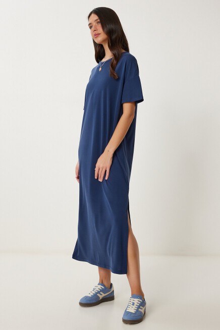 Oversize Basic Yazlık Örme Elbise LACİVERT LUB0082