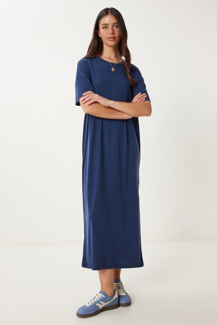 Oversize Basic Yazlık Örme Elbise LACİVERT LUB0082