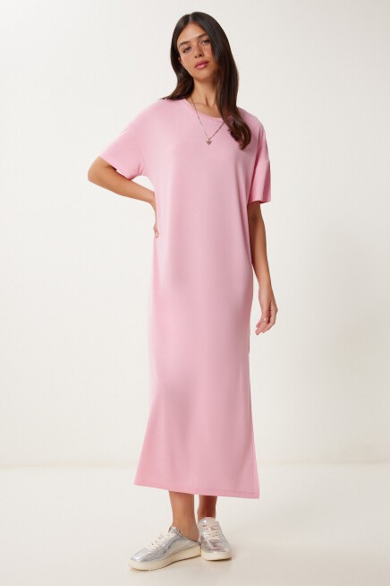Oversize Basic Yazlık Örme Elbise PEMBE LUB0082