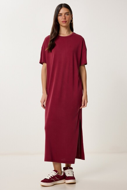 Oversize Basic Yazlık Örme Elbise VİŞNE LUB0082