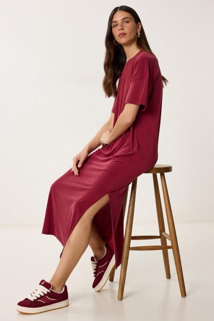 Oversize Basic Yazlık Örme Elbise VİŞNE LUB0082