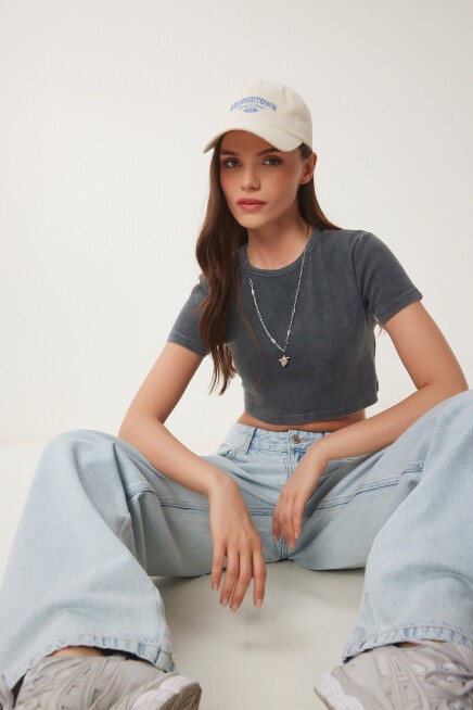 Soluk Efektli Crop Örme T-shirt ANTRASİT LUS0112
