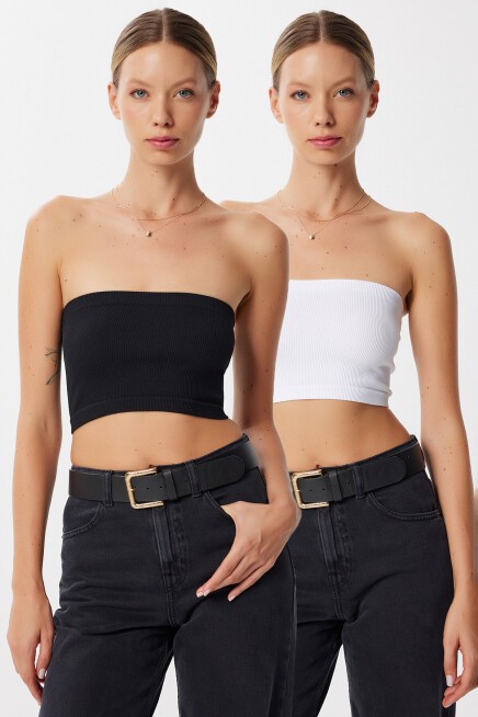 Straplez Fitilli Örme 2li Paket Büstiyer SİYAH BEYAZ LUB0211