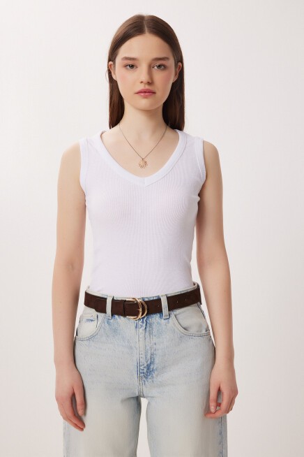 V Yaka Basic Fitilli Örme Bluz BEYAZ LRN0029