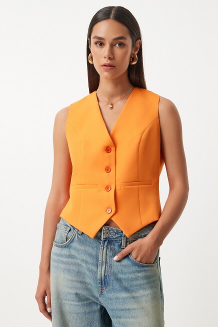 Vucüda Oturan Crop Dokuma Yelek ORANJ LTO0003