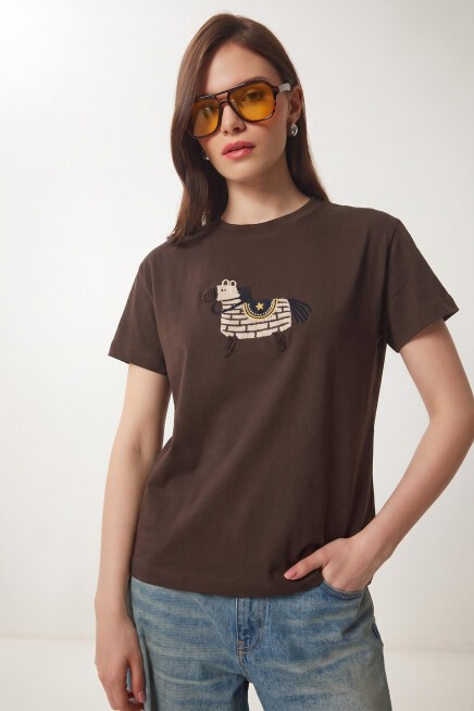 Armalı Nakışlı Pamuklu Örme T-shirt KAHVERENGİ LCR0114