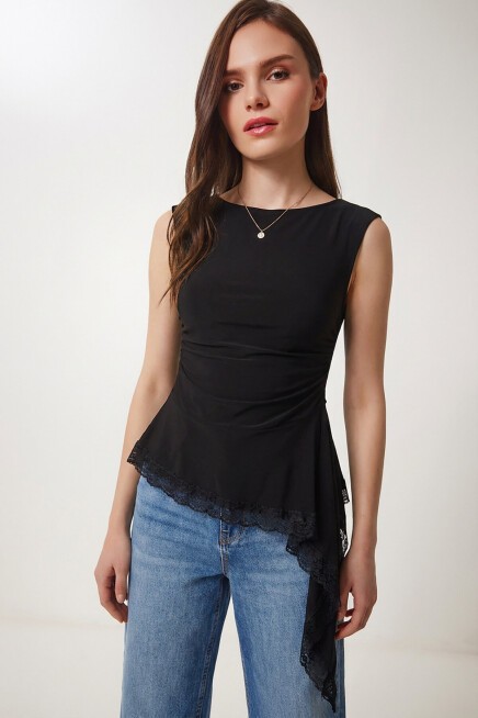 Asimetrik Dantelli Sandy Bluz SİYAH LZV0069