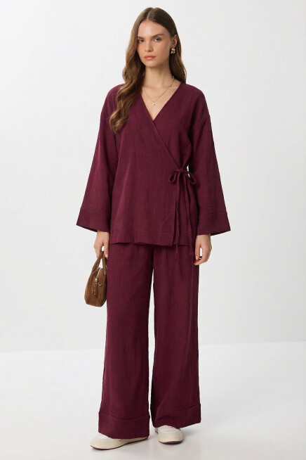 Bağlama Detaylı Müslin Kimono Takım BORDO LZH0020