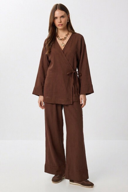 Bağlama Detaylı Müslin Kimono Takım KAHVERENGİ LZH0020