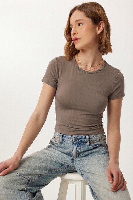 Basic Sandy Örme T-shirt VİZON LZE0009