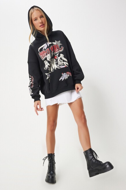 Baskılı Kapüşonlu Şardonlu Örme Sweatshirt SİYAH LVN0003