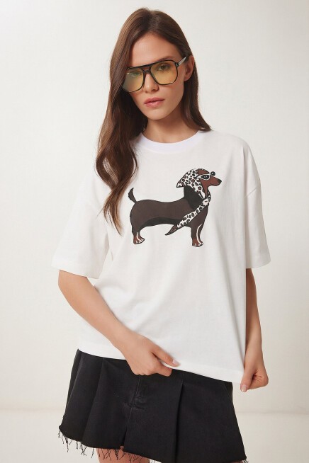 Baskılı Oversize Örme T-shirt BEYAZ LZV0062