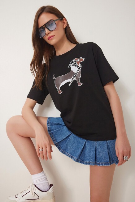 Baskılı Oversize Örme T-shirt SİYAH LZV0062