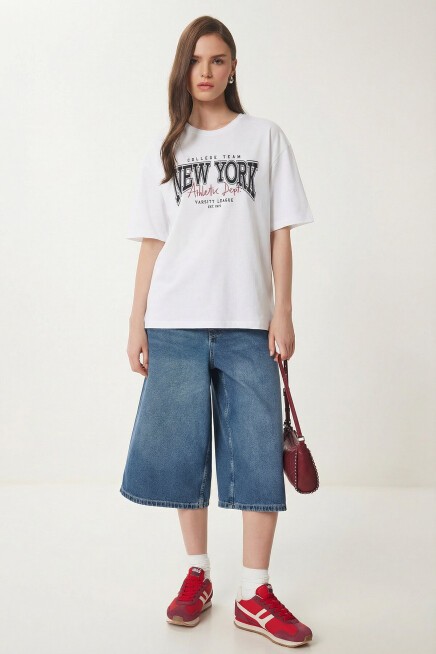 Baskılı Oversize Pamuklu Örme T-shirt BEYAZ LZE0003