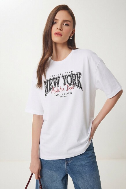 Baskılı Oversize Pamuklu Örme T-shirt BEYAZ LZE0003