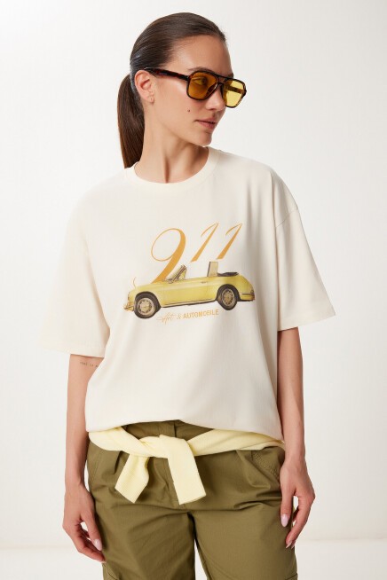Baskılı Pamuklu Örme T-shirt KREM LUS0149