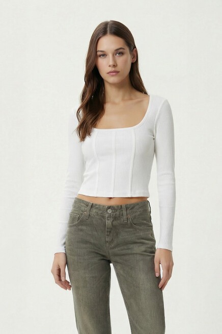 Biye Detaylı Crop Fitilli Örme Bluz EKRU LZE0008