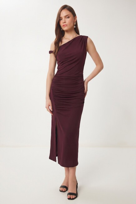 Büzgülü Yazlık Sandy Örme Elbise MÜRDÜM LFW0021