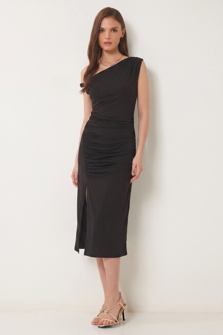 Büzgülü Yazlık Sandy Örme Elbise SİYAH LFW0021