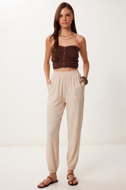 Cepli Rahat Krinkıl Şalvar Pantolon KREM LFW0024