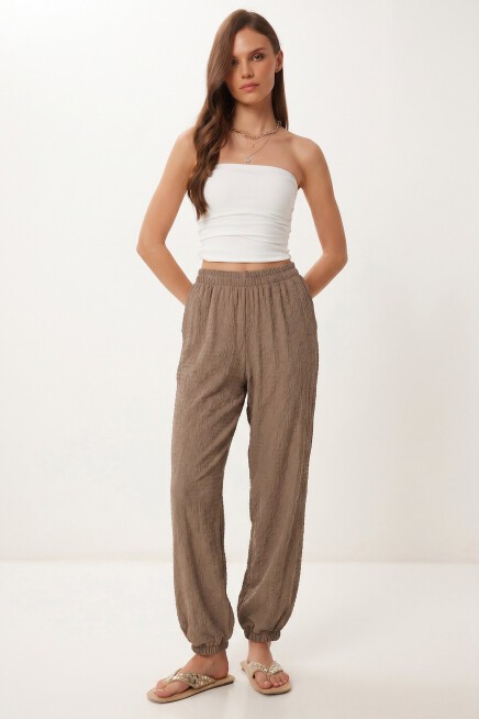 Cepli Rahat Krinkıl Şalvar Pantolon VİZON LFW0024