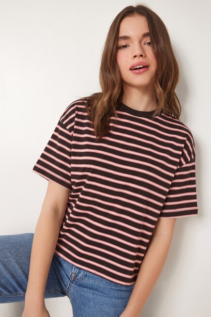 Çizgili Oversize Örme T-shirt KAHVERENGİ LCR0124