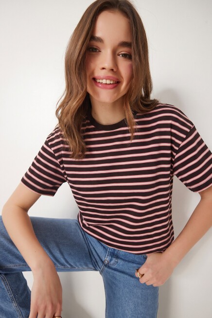 Çizgili Oversize Örme T-shirt KAHVERENGİ LCR0124