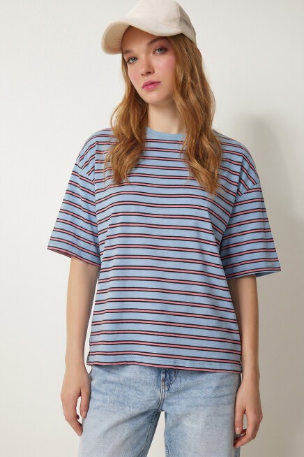 Çizgili Oversize Örme T-shirt MAVİ LCR0124