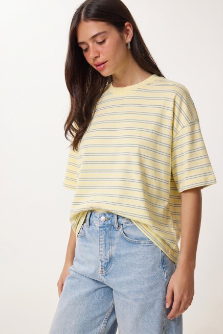 Çizgili Oversize Örme T-shirt SARI LCR0124