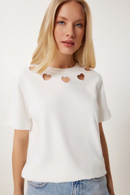 Cut Out Detaylı Pamuklu Örme T-shirt KEMİK LUS0155