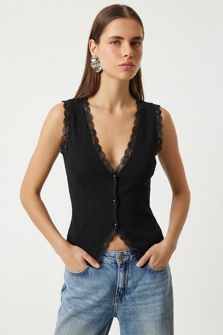Dantel Detaylı Fitilli Örme Bluz SİYAH LZV0060