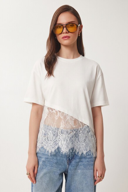 Dantel Detaylı Oversize Örme T-shirt EKRU LCR0125