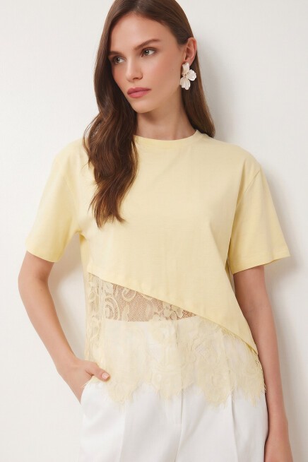 Dantel Detaylı Oversize Örme T-shirt SARI LCR0125
