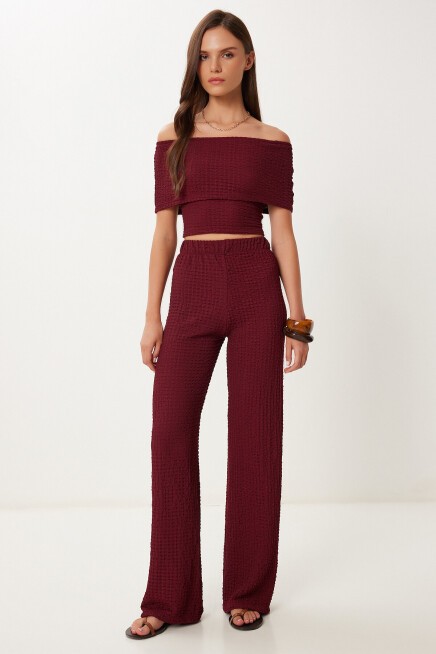 Dokulu Bluz Pantolon Takım BORDO LZV0014