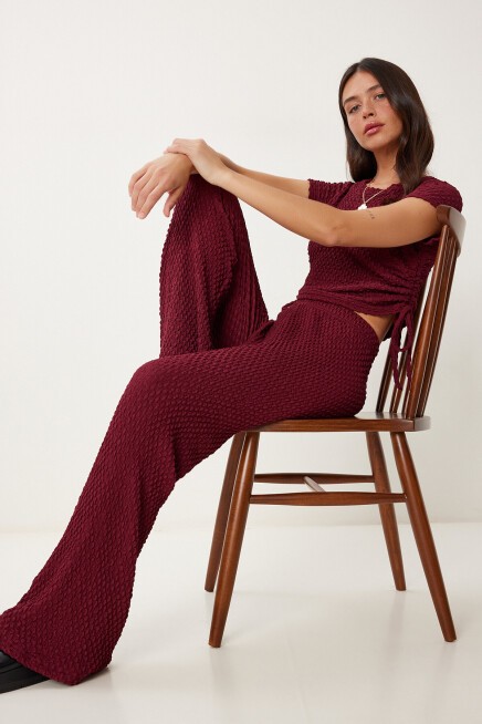 Dokulu Esnek Bluz Pantolon Takım BORDO LZV0011