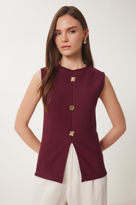 Dore Düğmeli Fitilli Örme Bluz BORDO LZV0007