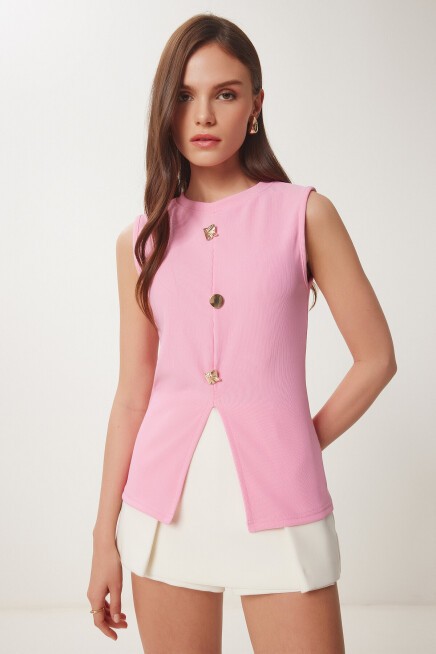 Dore Düğmeli Fitilli Örme Bluz PEMBE LZV0007