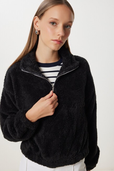 Fermuarlı Peluş Sweatshirt SİYAH LZV0019