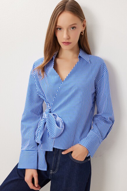 Gömlek Yaka Çizgili Anvelop Poplin Bluz MAVİ BEYAZ LZV0041