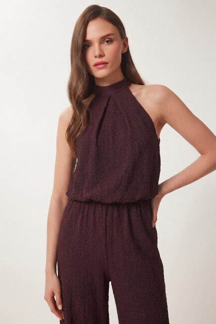 Halter Yaka Bluz Pantolon Krinkıl Takım MÜRDÜM LFW0027